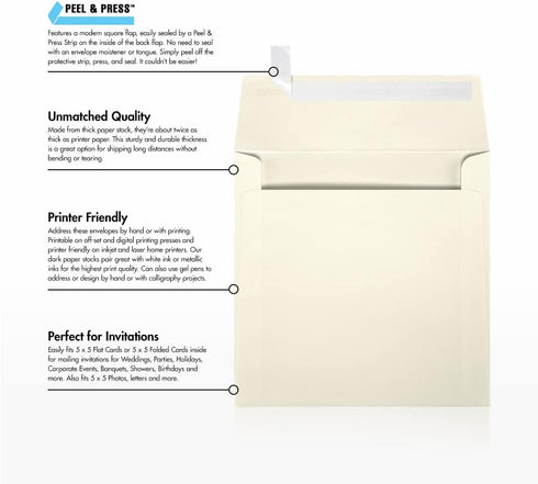 LUXPaper Square Invitation Envelopes | Natural Linen | Peel & Press | 5 1/4" x 5 1/4" | 80lb. Text | 50 Qty