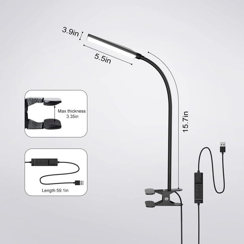 LED Desk Lamp with Clamp for Home Office, Dimmable Clip-On Light with USB Port, 3 Color Modes, Flexible Gooseneck