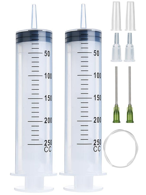 2 Pack 250ml Syringes with 55.1” Tube & 14G 1.5” Needle, Sterile Individually Packaged for Labs, Measuring