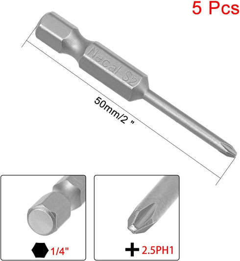 uxcell 5 Pcs 2.5mm PH1 Magnetic Phillips Screwdriver Bits, 1/4 Inch Hex Shank 2-inch Length S2 Power Tool by uxcell