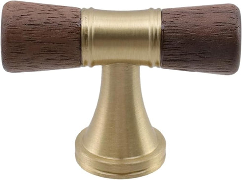 46mm/1.81", 2 Single Hole Wood Drawer Handle Knobs Walnut Cabinet Pulls Brass Base T Bar Knob Pull Handles With Screws