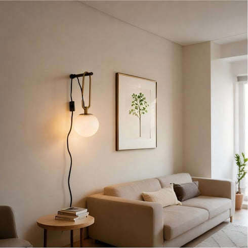 SINFU Bulb Modern Globe Wall Sconce, Plug-in Hanging Light Fixture with Glass Shade, Black and Gold Finish