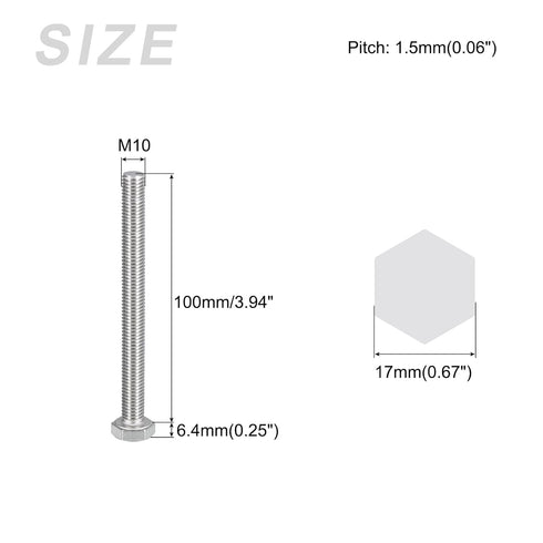 Hex Bolts (M10-1.5x100mm) 6Pcs, 304 Stainless Steel Fully Threaded Hex Head Screws for Furniture Repair