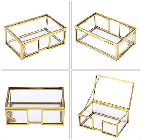 Hipiwe Glass Business Card Holder with Lid, Desktop Name Card Display Box Organizer, Gold Metal Container for Office