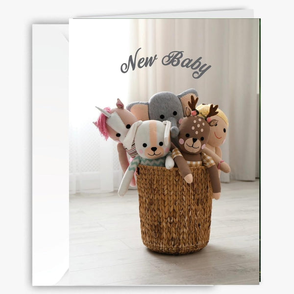 Cute New Baby Greeting Card - featuring woven basket with adorable stuffed