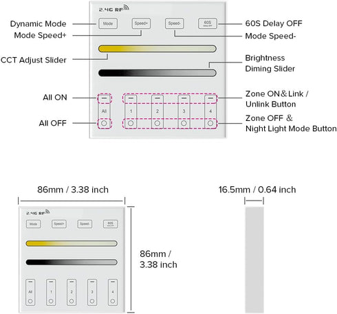 2.4G 4 2XAAA 3V WB5 LM052 LM053 C01RF C02RF C01W C02W BTF-LIGHTING Wireless RF Zone Single Color Wall Mounted Smart