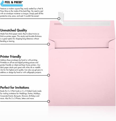LUXPaper Candy Pink Square Invitation Envelopes | Peel & Press | 5 1/4" x 5 1/4" | 50 Qty | 80lb. Text