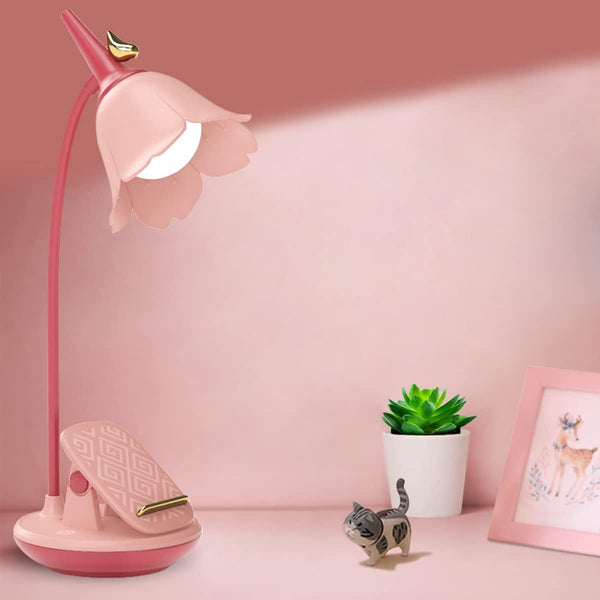 Pink Desk Lamp with Clamp - Rechargeable LED Small Desk Lamp, Adjustable Gooseneck, Dimmable for Kids Girls Bedroom