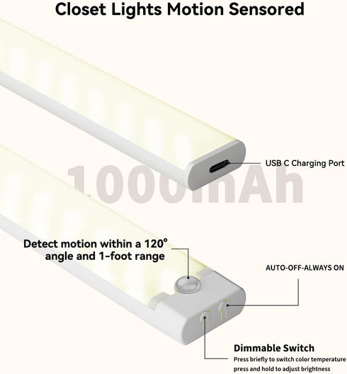 Rihvy 3 Packs 3 Closet 8 Inches Counter Under Cabinet Lighting Wireless, Rechargeable Motion Sensor Light Indoor