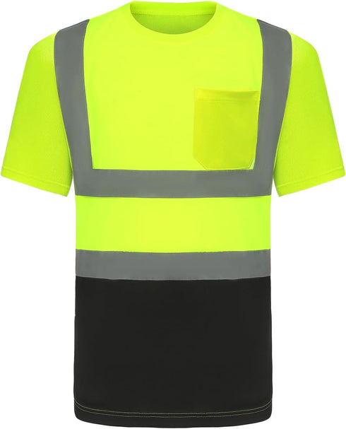 High Visibility Shirts Class 2 Quick Dry Safety T Shirts with Pocket, 4 Reflective Strips, Short Sleeve, Black Bottom