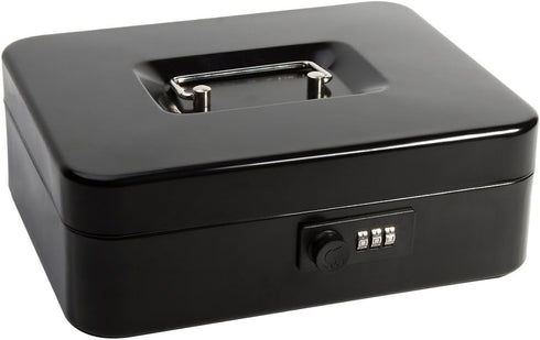 9.84" 7.87" 3.54", Decaller Large Cash Box with Combination Lock, Metal Money Box with Removable Tray, x x Black