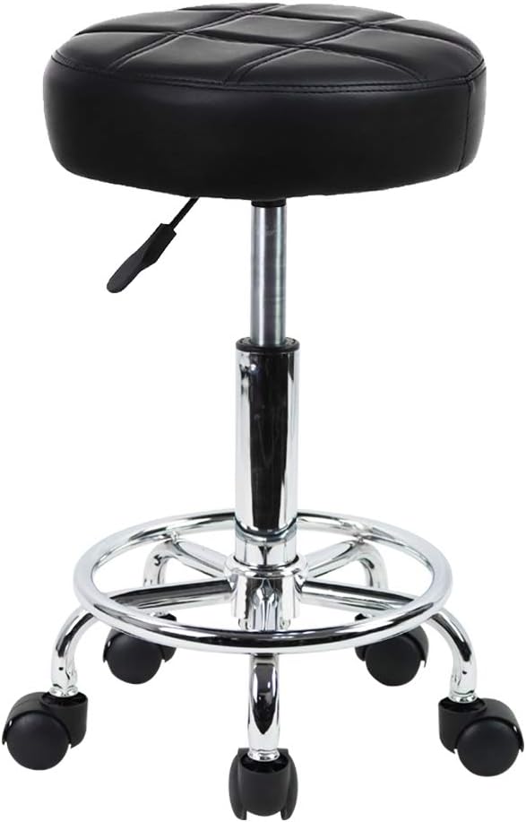 KKTONER Round Rolling Stool Chair PU Leather Height Adjustable Swivel Drafting Work