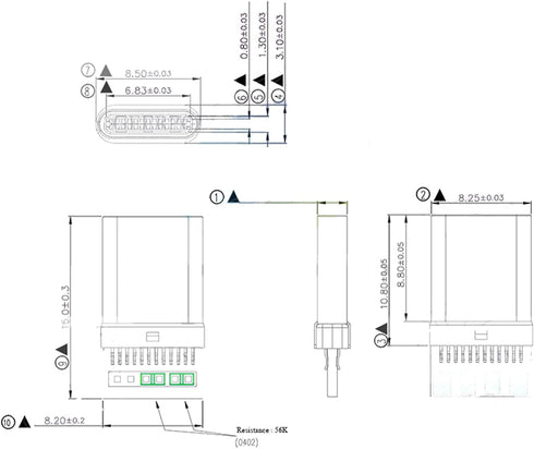 10Set USB 3.1 Type C Male Connector 24 Pin Data Line Interface, 24P PCB Board Support Module (Black)