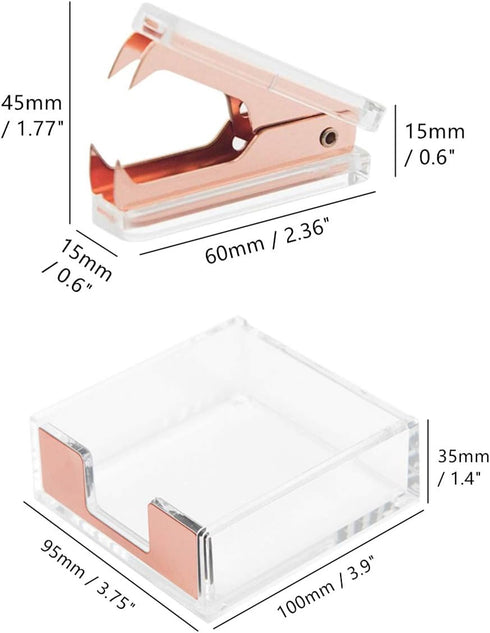 Clear Acrylic Rose Gold Self-Stick Note Cube Holders & Staple Removers Set - 3.5x3.3 Inch Memo Pad