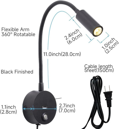 Dimmable Wall Mounted Reading Light with USB Charging Port, Plug-in LED Headboard Reading Light, Bedside Spot Wall