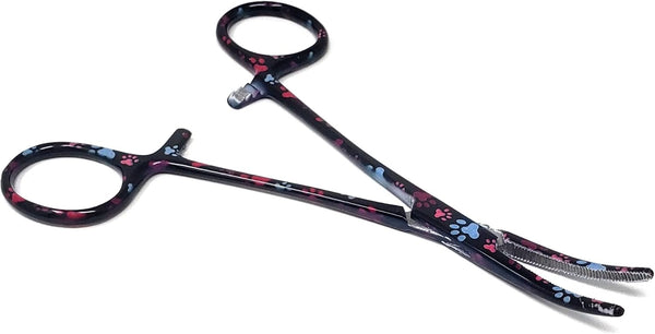 Dog Pet Ear/Nose Hair Puller Grooming Hemostat Locking Forceps, 5.5" Stainless Steel Curved Pliers (Black Multi Paws)