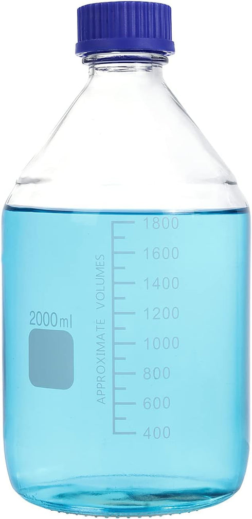 Moonetto 1 Piece 2 Liter 2000ml Graduated Round Media/Storage Glass Bottles with GL45 Blue Screw Cap