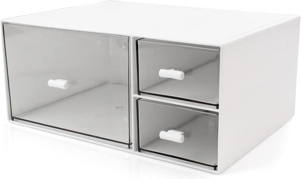 Stackable Desk Organizer with 3 Compartments, Storage Drawers for Makeup, Bathroom Organization, Accessories (White)