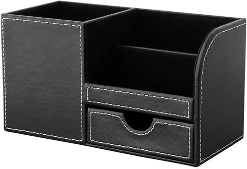 KINGFOM Black Desk Organizer Caddy, Pu Leather Multi-function Storage Box for Pen/Pencil, Cell Phone, Business Cards,