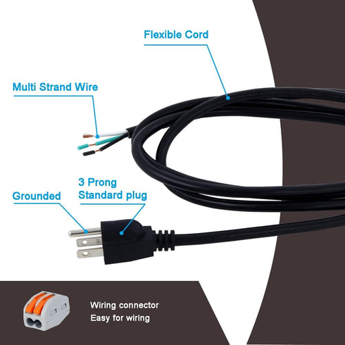 Heavy Duty AC Power Cord Pigtail - 14 Gauge 3 Prong 6 Feet Open End SJT 14AWG Replacement AC Wall Cable