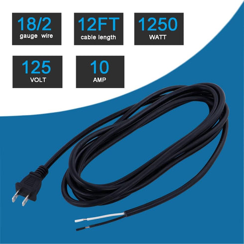 12FT Replacement Power Cord 18 Gauge Round Cable Polarized 2 Prong Plug Pigtail 18 AWG 120V AC Power Supply Cord SJT 2/C Wire Stripped Off 10A 1250watt Black Plug Cords Open End