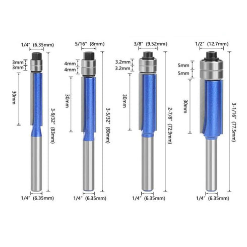 WSDMAVIS 4Pcs/Set Trimming 4PCS 1/4 Sets Biaxial Tool Router Router Bits Shank Flush Trim Top Bearing and Bottom