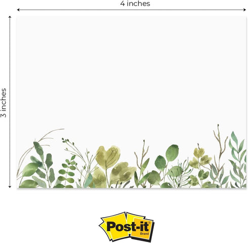 Watercolor Wild Greenery Sticky Note Pads, 4" x 3", Set of 6 Pads, 50 Sheets Per Pad, Made in USA