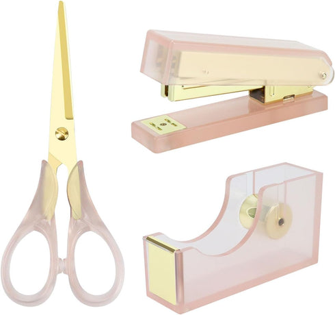 Stapler Tape Dispenser Scissors Set - Heavy Duty Acrylic Pink and Gold Office Supplies with 6.3" Gold Scissors