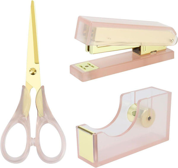 Stapler Tape Dispenser Scissors Set - Heavy Duty Acrylic Pink and Gold Office Supplies with 6.3" Gold Scissors
