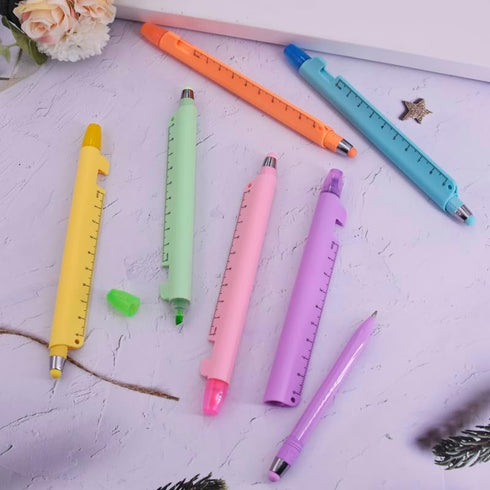 6 4-in-1 Highlighter9cm 6 PCS Multifunctional Pen - Blue Ink Ballpoint Pen, Ruler & Touch Screen Stylus, Assorted