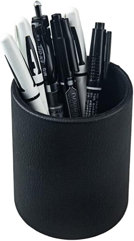 PU Leather Pen Pencil Holder Cup, Desk Organizer Stand for Brushes, Scissors, Office Home School (Black, 3.3" x 3.3" x
