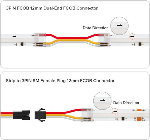 12mm 3Pin JST,3PIN WS2811 720LEDs/m WS2814 896LEDs/m BTF-LIGHTING FCOB COB Connector Kit,L-Shaped,Dual-End