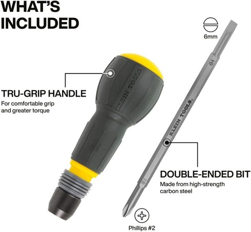 32960A #2 6 mm 1/4-Inch Klein Tools Fastbit Tru-Grip Screwdriver, Ball-Style Handle with Quick-Release Collar, Phillips
