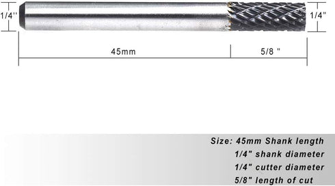 YUFU Solid Carbide Burr SA-1, Cylindrical Shape Double Cut Rotary Burrs File, 1/4 Inch Cutter Dia X 5/8 Inch Cutter