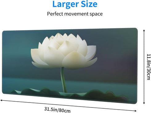 XXL Large White Lotus Flower Gaming Mouse Pad, Big Desk Mat with Stitched Edges for Computer, Laptop, Office, 31.5'' x