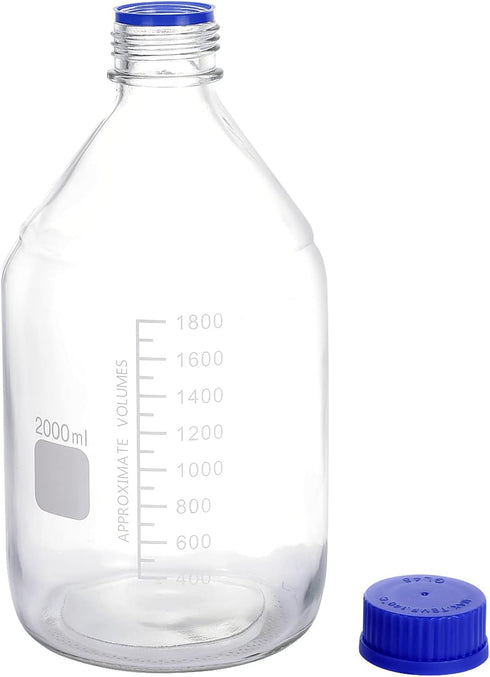 Moonetto 1 Piece 2 Liter 2000ml Graduated Round Media/Storage Glass Bottles with GL45 Blue Screw Cap