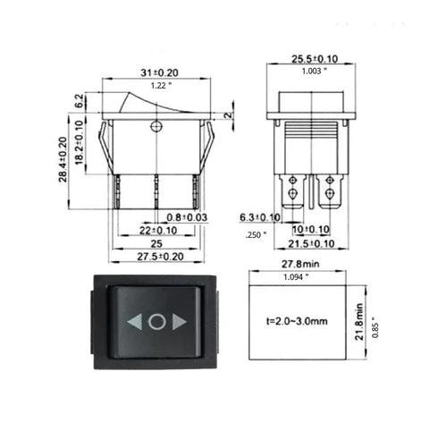 IndusTec Wired 20A 12V DC Motor Polarity Reversing Rocker Switch, 3 Position DPDT Momentary Automatic Reset