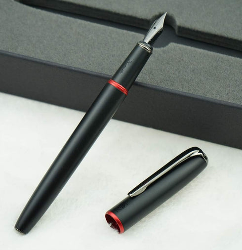 Picasso 916 Matte Black & Red Ring Fountain Pen with Box, Titanium Gray Extra Fine Nib