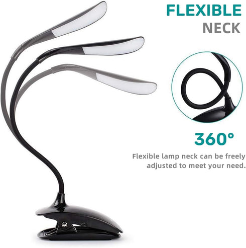 3 Reading Lamp, Clip on Headboard Reading Lights for Books in Bed at Night, Eye-Caring, Brightness, USB Rechargeable