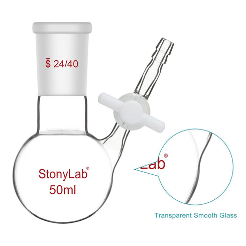 stonylab 50 ml Reaction Flask, Borosilicate Glass Single-Neck Round Bottom Flask with 24/40 Joint & PTFE Stopcock Valve