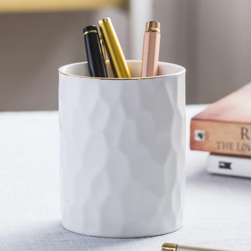 Ceramic Round Irregular Pen Holder for Desk, Cute White Makeup Brush Organizer