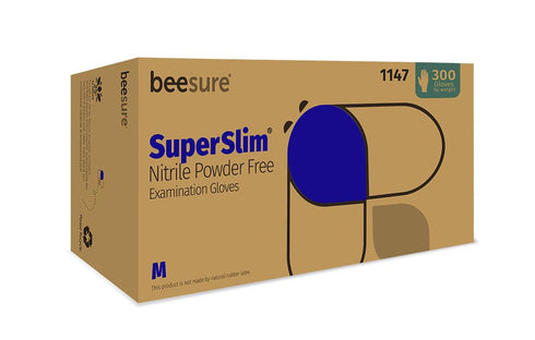 BeeSure BE1147 Superslim Nitrile Powder Free Exam Gloves, Medium (Pack of 300),blue