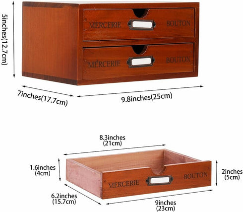 PACKGILO 2 Wooden Storage Box Rustic Desktop Organizer with Drawers Office Desk Accessories Shelf Small Craft Storage