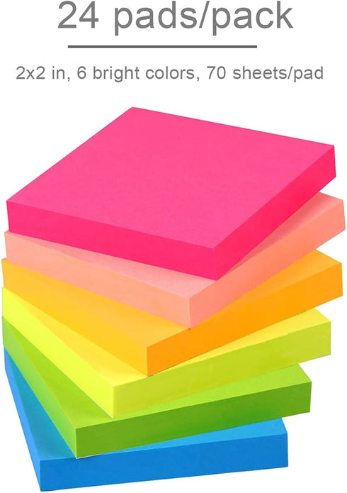 Vanpad (24 Pack) Sticky Notes, 2x2 in Bright Colorful Memo Pads with Strong Adhesive, 64 Sheets/Pad