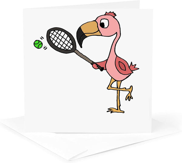 Greeting Card - Funny Cute Pink Flamingo Bird Playing Tennis - Sports