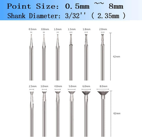 12 Pcs Bowl Shape Diamond Burr Set, 3/32'' Shank Stone Carving Sets for Rotary Tools, Includes Dremel