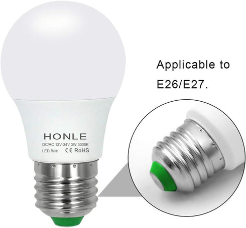 Honle E26 LED Light Bulbs, 3W 12V Low Voltage, Warm White 3000K, E27 Edison Standard Screw Base, 25W Equivalent, Pack