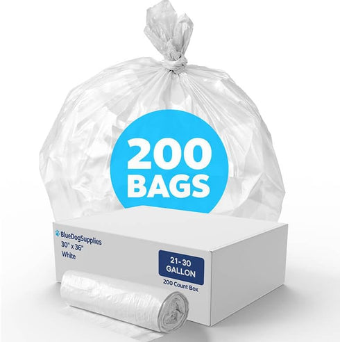 BlueDogSupplies Every Day Value 21-30 Gallon Trash Bags White, 200 Count, Regular 0.5
