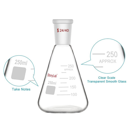 StonyLab 250ml Glass 24/40 Erlenmeyer Flask, Borosilicate Heavy Wall Flask with 24/40 Standard Taper Joint