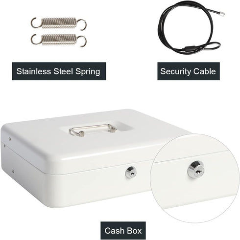 Cash Box with Key Lock, Durable Metal Cash Box with Money Tray, Lock Box Safe Storage Security Locker with Cable, White